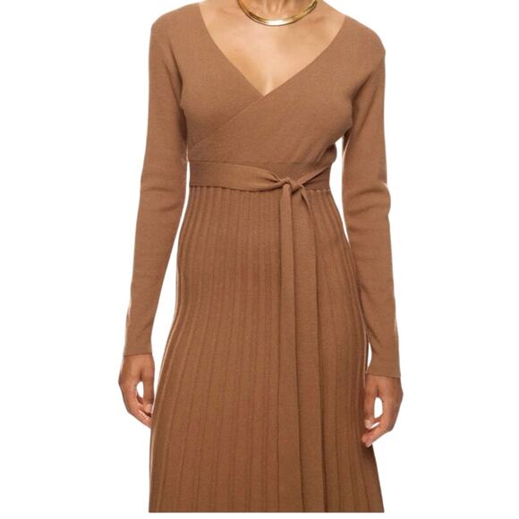 Area Stars Camel Brown Knit Wrap Dress Long Sleeve Ribbed Midi Women’s Small - Picture 3 of 10
